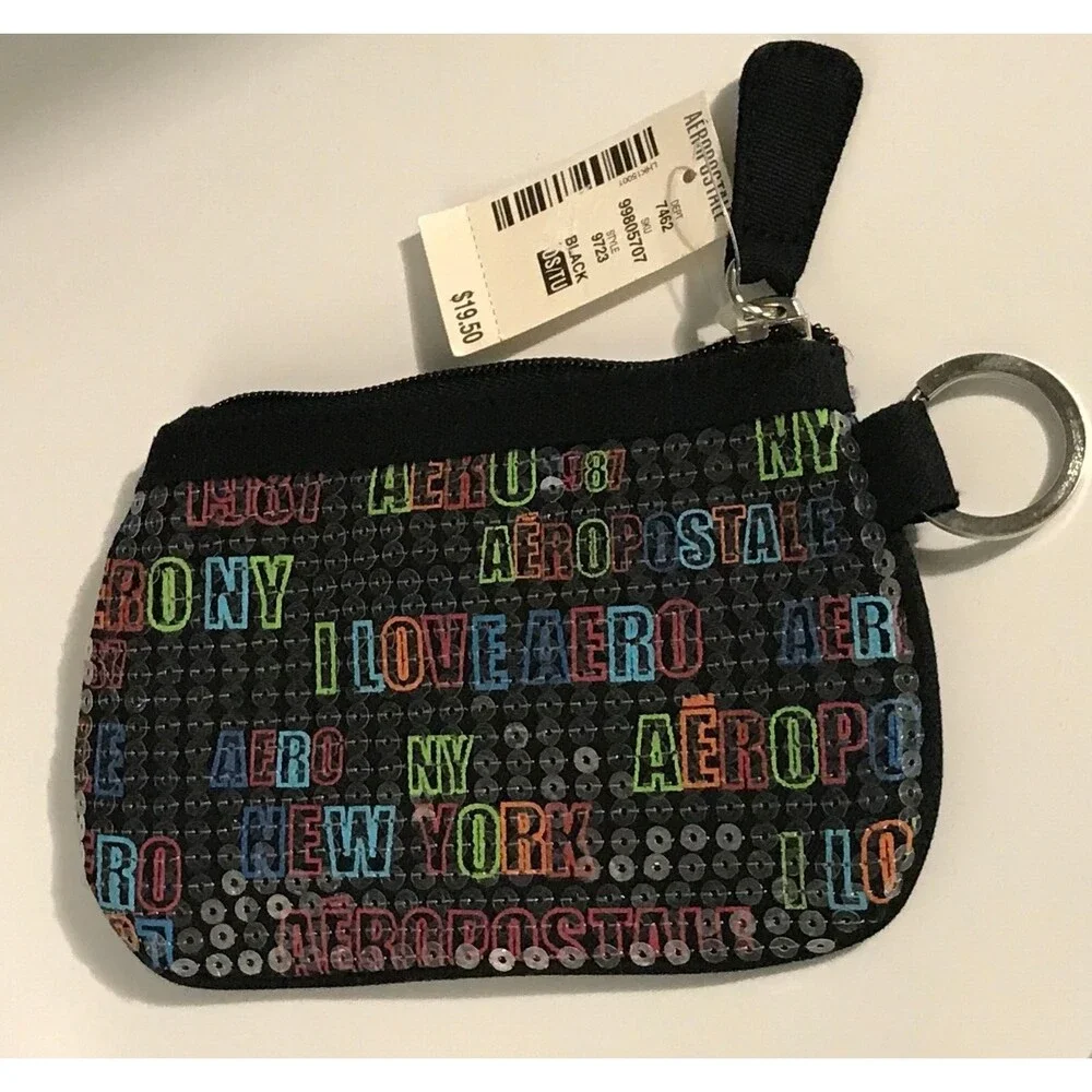 Aéropostale Makeup Bag Black Sequined I Love Aero Zippered Cosmetic Pouch NWT
